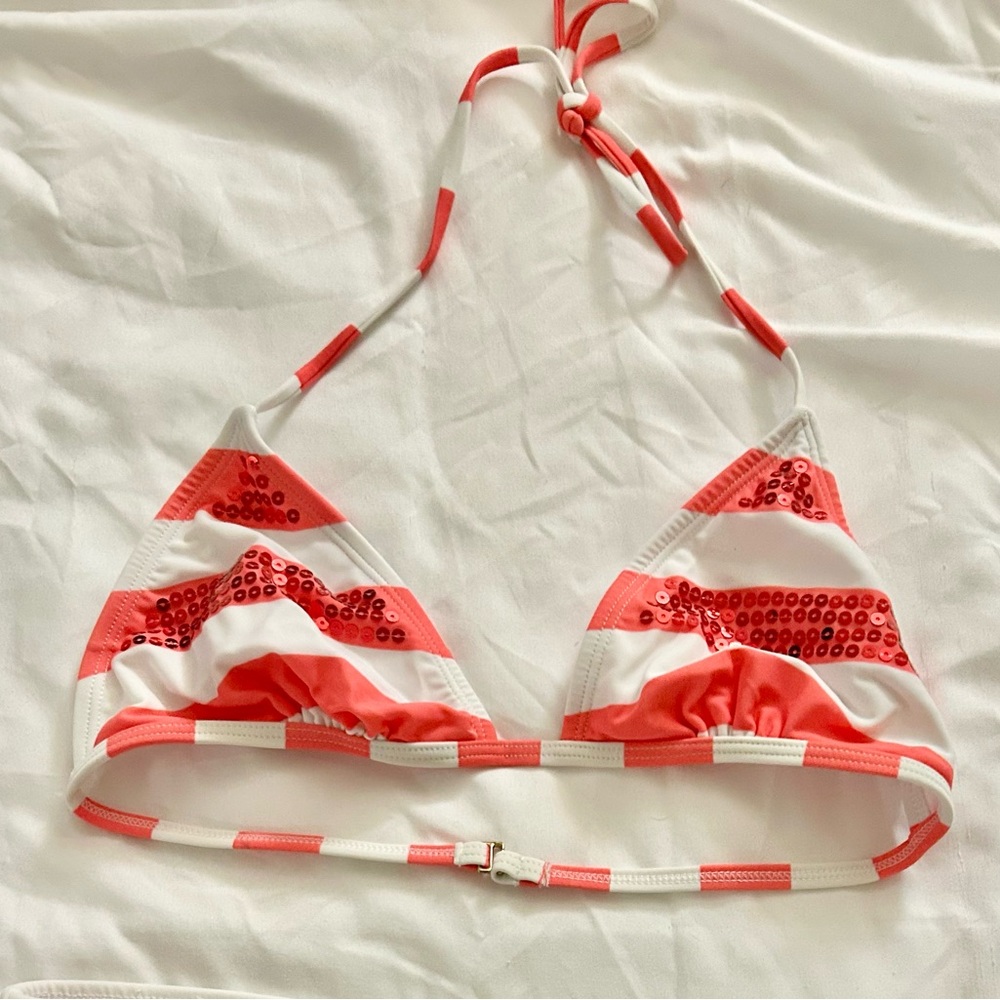 Xhiliration Target Bikini Top Coral & White Stripe S